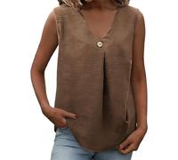 Ybing Top de muselina para mujer, informal, monocolor, sin mangas, cuello de pico, blusa de lino con botones, algodón y lino, blusa holgada, blusa ligera, marrón, XL