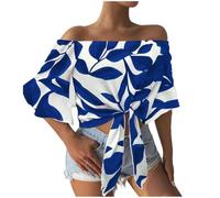 Ybing Top sin hombros para mujer, elegante, estampado 3D, blusa holgada, hombros fríos, camiseta ligera de manga corta, camiseta fina, cómoda camiseta deportiva, azul, XL