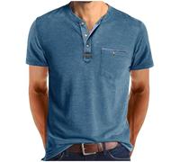 Ybing Tops para hombre, informal, vintage, camiseta con botones, cuello redondo, blusa monocolor, camiseta retro, camiseta de verano, camiseta holgada, camiseta fina de manga corta, camiseta de