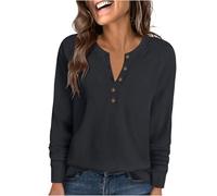 Ybing Waffle Jersey para mujer, informal, monocolor, sudadera sin capucha, cuello redondo, con botones, hombros superpuestos, camiseta de manga larga, para otoño e invierno, manga larga, tops para