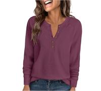 Ybing Waffle Jersey para mujer, informal, monocolor, sudadera sin capucha, cuello redondo, con botones, hombros superpuestos, camiseta de manga larga, para otoño e invierno, manga larga, tops para