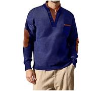 Ybing Waffle Sudadera para hombre de moda con cuello de pico, jersey Y2K con bolsillo en el pecho, camiseta de manga larga cálida, parte superior básica cómoda, azul, XXXL