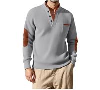 Ybing Waffle Sudadera para hombre de moda con cuello de pico, jersey Y2K con bolsillo en el pecho, camiseta de manga larga cálida, parte superior básica cómoda, gris, 3XL