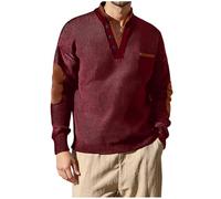 Ybing Waffle Sudadera para hombre de moda con cuello de pico, jersey Y2K con bolsillo en el pecho, camiseta de manga larga cálida, parte superior básica cómoda, Vino, S