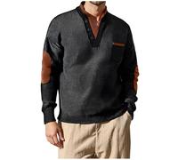 Ybing Waffle Sudadera para hombre de moda con cuello de pico, jersey Y2K con bolsillo en el pecho, camiseta de manga larga cálida, parte superior básica cómoda, Negro , XL