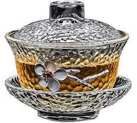 YBK Tech Crystal Gaiwan, taza de té de cristal Kung Fu con platillo y tapa, tradicional chino Sancai Tea Bowl (taza transparente con flor de ciruela)