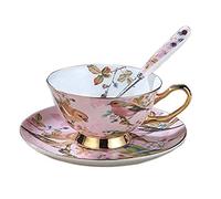 YBK Tech Euro Style Set de tazas y platillos de porcelana ósea, taza de té y café de cerámica para el hogar, la cocina y la boda, diseño de pájaros (rosa claro)