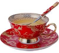 YBK Tech - Juego de taza y platillo de porcelana china estilo europeo, taza de café de cerámica para el hogar, cocina, boda (patrón de flores retro, rojo)