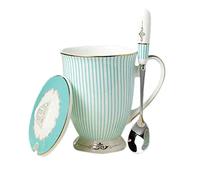 YBK Tech Taza de café de porcelana estilo europeo con tapa para desayuno, hogar, cocina (patrón de rayas azules) (azul)