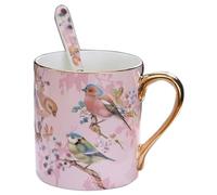 YBK Tech Taza de té de porcelana china de hueso para el hogar, cocina, oficina, diseño de pájaros (rosa)