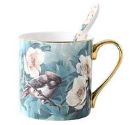 YBK Tech Taza de té de porcelana china de hueso, taza de café de 12 onzas para el hogar, cocina, oficina, patrones de pájaros (turquesa/verde)