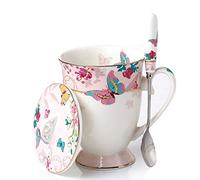 YBK Tech Taza de té de porcelana estilo europeo con tapa para desayuno, hogar, cocina ((patrón de mariposas) (rosa)))