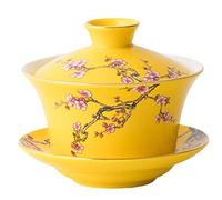 YBK Tech - Taza de té y platillo de porcelana con tapa, gaiwán tradicional chino, Sancai, diseño de ciruelas en relieve, color amarillo