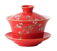 YBK Tech - Taza de té y platillo de porcelana con tapa, gaiwán tradicional chino, Sancai, diseño de ciruela, color rojo