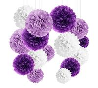 YBwanli 24 Pcs Pompones de Papel Decoración temática morada, escolarización, fiesta de cumpleaños,bautizo, confirmación, decoración para niñas,comunión,día de San Valentín (morado claro, lila, blanco)