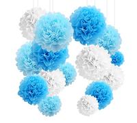 YBwanli 24 Pcs pompones decorativos azules para decoración de bodas, escolarización,fiesta de cumpleaños, bautizo, confirmación, decoración para niñas,comunión, San Valentín (azul claro, azul, blanco)