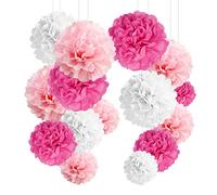 YBwanli 24 pompones decorativos rosados para decoración de bodas, escolarización, fiesta de cumpleaños, bautizo, confirmación, decoración para niñas, comunión, Valentín (rosa claro, rosa, blanco)