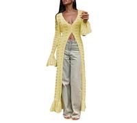 YBWZH Elegante cárdigan de punto de ganchillo para mujer, vestido largo de manga larga con botones, patrón hueco, para vacaciones, amarillo, L
