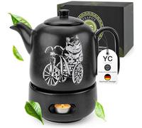 YC Yang Chai YC GATOLO - Tetera con calientaplatos (cerámica, 1,3 L, con colador, antigoteo y resistente al calor, hecha a mano, de cerámica, calor duradero)