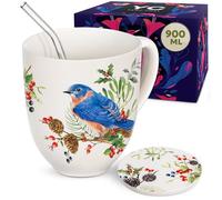 YC YANG CHAI YC Suni Birds - Taza grande (900 ml, tamaño XXL, juego de regalo con posavasos, 10 filtros de té de papel y pajita de cristal), diseño de pájaros