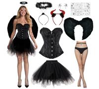 Ycaaeo Disfraz de Ángel Negro y Demonio Mujer con Corsé Cordones,Alas Negras,Falda de Tul,Halo de Angel y Cuernos de Demonio,Disfraz Angel Negro Diablo Mujer para Halloween Carnaval