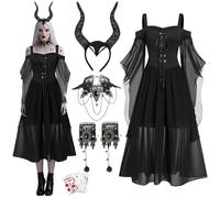 Ycaaeo Disfraz Malefica Mujer - Vestido Medieval - Cuernos de Maléfica - Collar y Pulseras Góticos - 10 Cicatrices Falsas Tatuajes - Disfraz Maléfica Mujer Vestido para Halloween,Carnaval,Cosplay