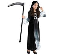 Ycaaeo Disfraz Muerte Niña de Halloween, Grim Reaper Girl Costume con Guadaña, Fantasma Disfraz para Niños, Disfraz De Halloween Para NiñOs, para Carnaval de HAlloween y Juegos de Rol (L)