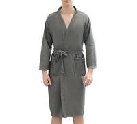 YCBMINGCAN Albornoz para hombre ligero de algodón con aspecto de gofre, albornoz fino para sauna para hombres, bata larga con cinturón y bolsillos, absorbente para spa, sauna y verano, gris, XL