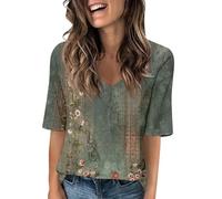 YCBMINGCAN Camisetas de verano para mujer 2024 hasta el codo con cuello en V, elegante, casual, media manga, ajuste básico, blusa, camiseta de manga corta para mujer, verde, S