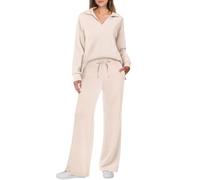 YCBMINGCAN Conjuntos Mujer 2 Piezas Trajes 2024 Pijama Manga Larga Top Botones Pantalones de Pierna Ancha Chándal con Bolsillos Mujer Camisón Franela, beige, M