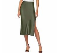 YCBMINGCAN Falda larga de satén para mujer, cintura alta, cómoda cintura elástica con abertura lateral, transpirable, efecto seda, para el día a día, vacaciones, playa, viajes, verano, Jn, S
