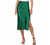 YCBMINGCAN Falda midi de seda satinada de cintura alta y falda midi con cintura elástica, elegante y bonita media falda para mujer Faldas de piel sintética, verde, XL