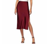 YCBMINGCAN Falda midi de seda satinada de cintura alta y falda midi con cintura elástica, elegante y bonita media falda para mujer Faldas de piel sintética, rojo, L