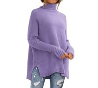 YCBMINGCAN Jersey de algodón para mujer, cuello alto, manga larga, de punto, cómodo, oversize jersey de invierno para mujer, morado, S