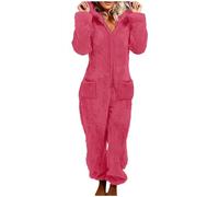 YCBMINGCAN Mono para mujer, mullido y acogedor, cálido forro polar para mujer, pijama largo con capucha y cremallera, mono y traje de casa con bolsillos para otoño e invierno, #1-rosa caliente, XXL
