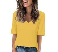 YCBMINGCAN Tops de verano para mujer 2024, longitud del codo, cuello en V, camisetas, elegantes, casuales, medias mangas, ajuste, camiseta básica, túnica, tops, blusa, camiseta de manga corta para
