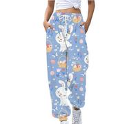YCBMINGCAN Women's Spring Easter Bunny Easter Egg Printed Loose Casual Pants Black Hose Damen, azul, XL