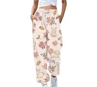 YCBMINGCAN Women's Spring Easter Bunny Easter Egg Printed Loose Casual Pants Black Hose Damen, beige, L