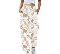 YCBMINGCAN Women's Spring Easter Bunny Easter Egg Printed Loose Casual Pants Black Hose Damen, Blanco, L