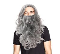 ycezw Peluca de disfraz de Halloween, barba larga gris y peluca | Pelucas y barba rizadas grises para cosplay | Accesorios de cosplay de Halloween, peluca y barba gris larga para hombres para la