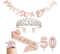 YCFAIIKG 50 Años Corona Banda Cumpleaños, 50 Años Tiara Corona y Faja de Oro Rosa Cinturón de Cumpleaños Corona de Diamantes Vela Cake Topper per Torta di Compleanno 50th Regalo Cumpleaños Decoración