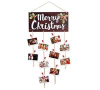 Ychelhr Tarjetero de Navidad - Feliz Navidad de madera colgante con 30 clips de fotos para tarjetas de Navidad, pared del hogar, puerta y decoración de ventana (marrón)