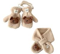 YCHUCH Acogedor conjunto de bufanda y guantes de lana de cordero para niños, esencial para el invierno con diseño de oso de dibujos animados para calidez en climas fríos, equipo de invierno al aire