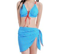 YCHUCH Blue Grids - Traje de baño para mujer, con espalda descubierta, conjunto de 4 piezas de traje de baño dividido