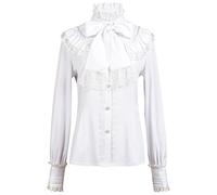 YCHUCH Blusa punk victoriana con volantes de encaje y lazos, cuello de corbata, disfraz medieval de manga larga con cuello alto, camisa para fiesta temática, blusa gótica victoriana, blanco, S