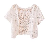 YCHUCH Cárdigan casual de manga corta con encaje floral para mujer, elegante, de ganchillo, transparente, con protección solar, chaqueta tipo bolero, parte superior de encaje, blanco, M