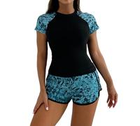 YCHUCH Conjunto de 2 piezas de traje de baño deportivo de manga corta para mujer, traje de baño de secado rápido con pantalones cortos para deportes acuáticos, trajes de baño de secado rápido