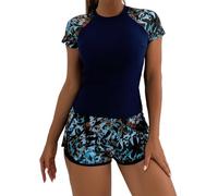 YCHUCH Conjunto de 2 piezas de traje de baño deportivo de manga corta para mujer, traje de baño de secado rápido con pantalones cortos para deportes acuáticos, trajes de baño de secado rápido