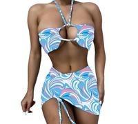 YCHUCH Conjunto de bikini de 3 piezas para mujer con pareos, falda de playa, traje de baño push up, traje de baño con cubierta envolvente