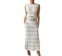 YCHUCH Conjunto de cubierta de traje de baño para mujer, con protector solar, de ganchillo, sin mangas, vestido de playa hueco, ropa de playa, vacaciones, bikinis, salida de baño de playa